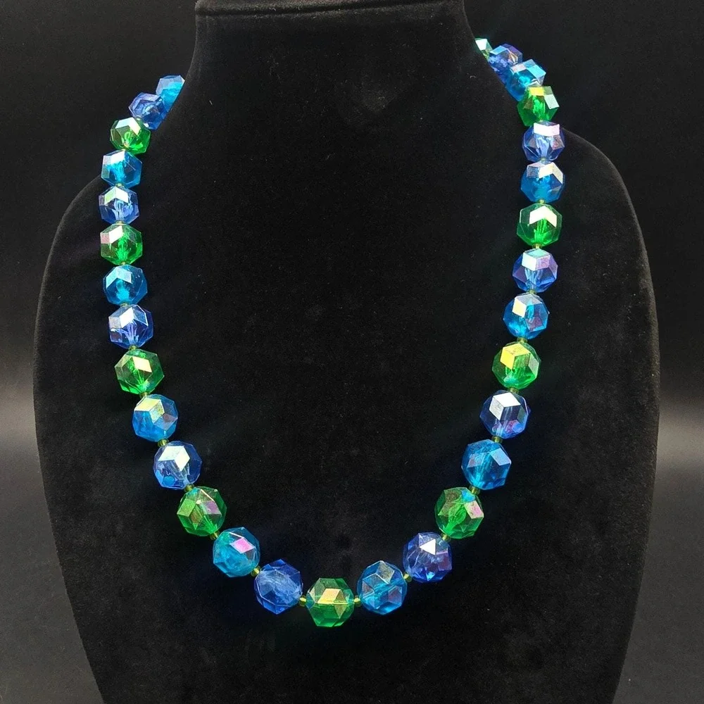 West Germany Blue Green Beaded Necklace Aurora Borealis Plastic Vintage